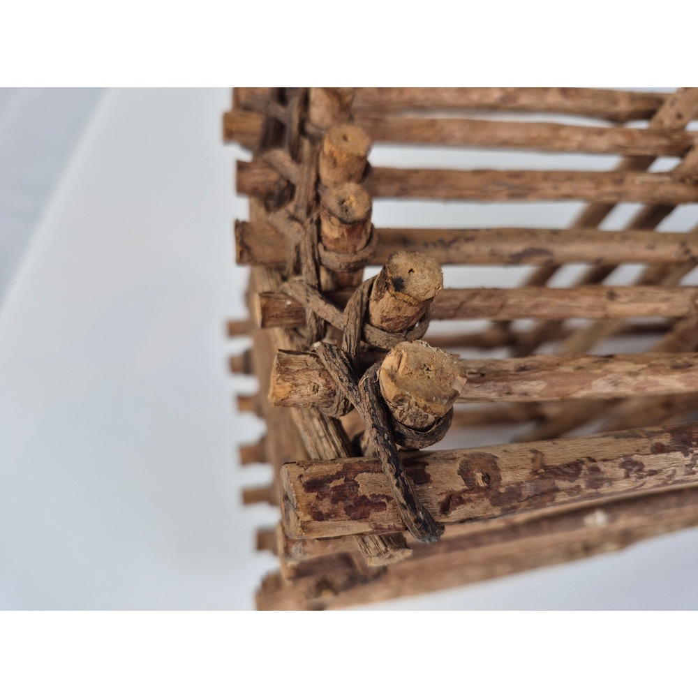 Large Vintage Rustic Twig Wood Basket Trug Primitive Farmhouse Cabin Decor - Picture 7 of 9